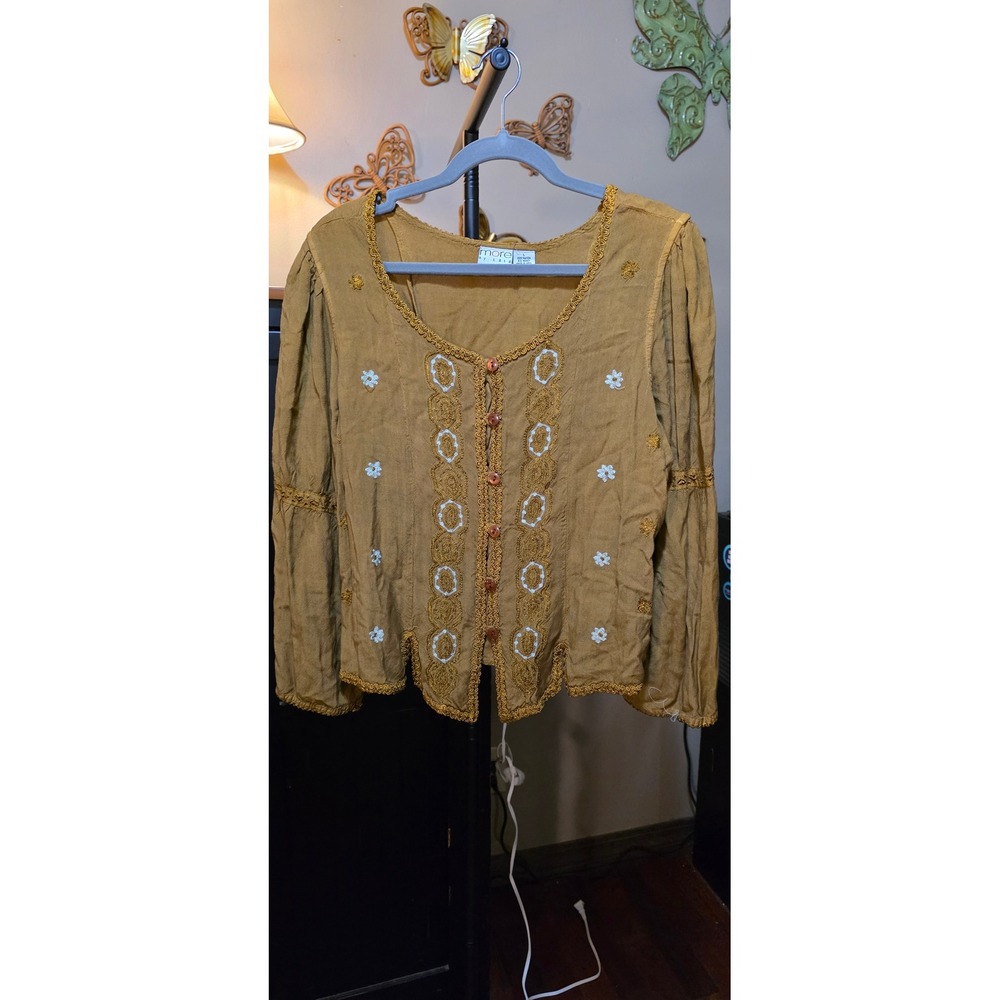 More by Lata Mustard Gold Embroidered Boho Rayon Blouse Lace Up Back Large